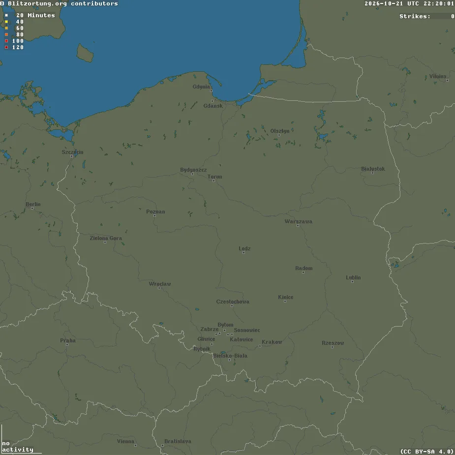 Mapa wyładowań doziemnych nad Polską — Blitzortung