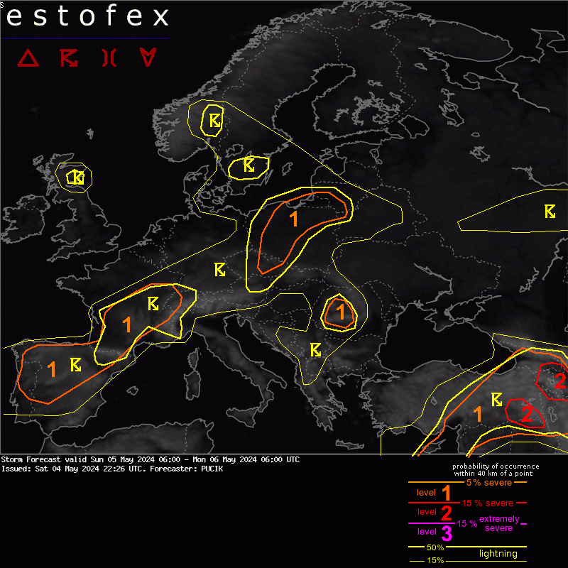 Prognoza zagrożeń - burz i innych zjawisk - wg ESTOFEX