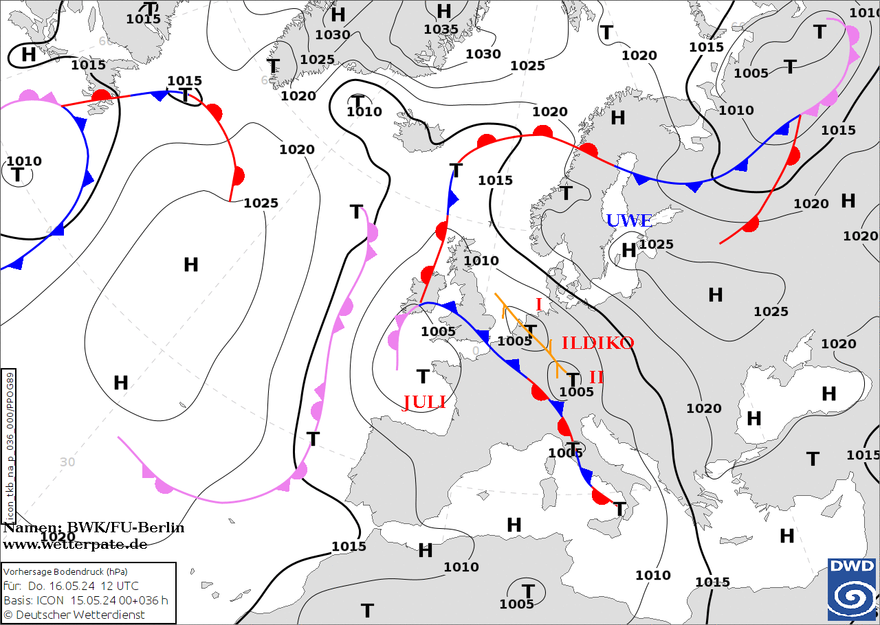 Mapa baryczna - fronty atmosferyczne nad Europą