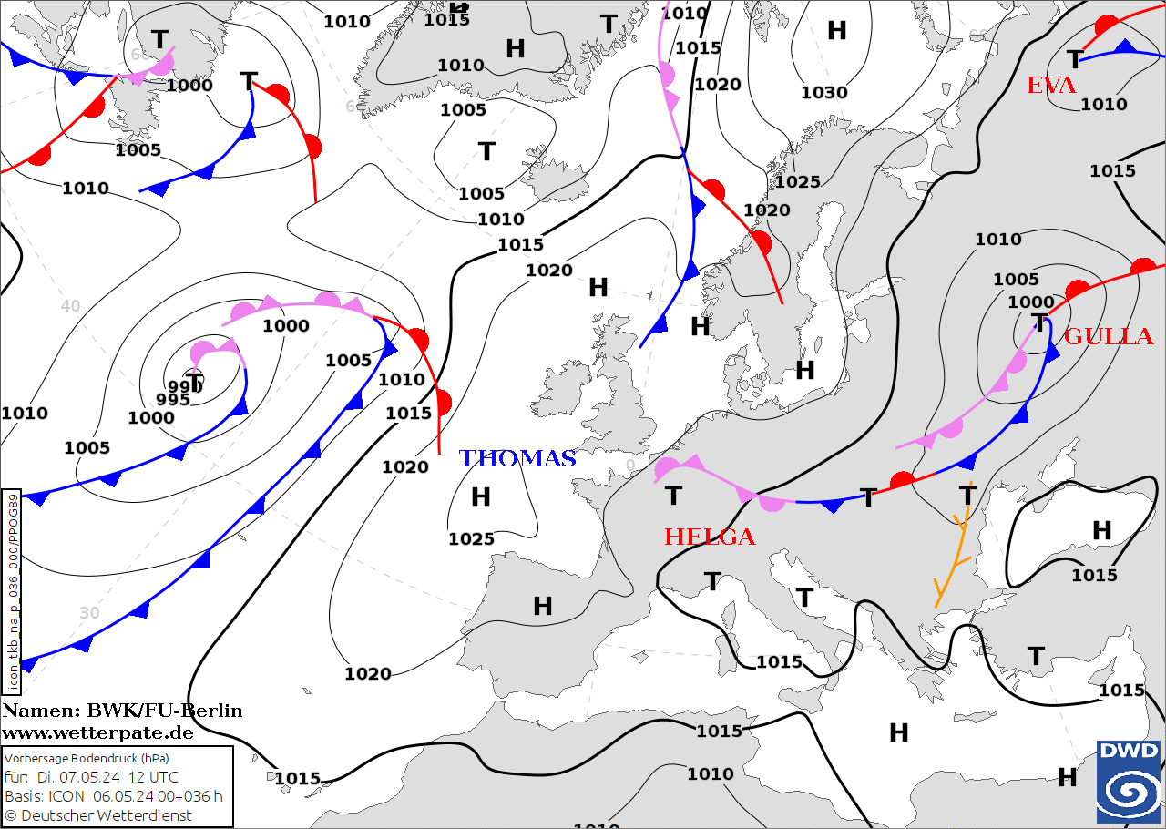 Mapa baryczna - fronty atmosferyczne nad Europą